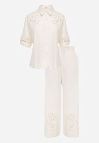 Born2be - Beżowy Rustykalny Komplet z Bawełną z Ażurowym Wzorem Spodnie i Koszula Anael. Kolor: beżowy. Materiał: bawełna. Wzór: ażurowy #8