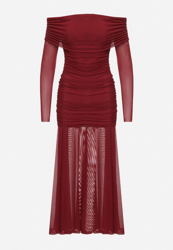 Born2be - Bordowa Taliowana Sukienka Typu Hiszpanka z Transparentnymi Wstawkami Halacia. Typ kołnierza: dekolt hiszpanka. Kolor: czerwony. Styl: elegancki