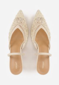 Renee - Beżowe Cekinowe Czółenka VICES Slingback na Szpilce z Noskiem w Szpic Ozdobione Perłami i Koralikami Kleomene. Kolor: beżowy. Materiał: jeans. Wzór: aplikacja. Obcas: na szpilce. Styl: elegancki #6