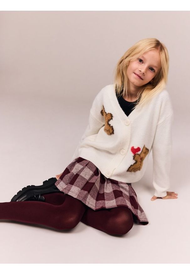 Reserved - Kardigan z aplikacją - złamana biel. Materiał: dzianina. Wzór: aplikacja