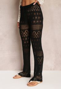 Renee - Czarne Ażurowe Spodnie Flare ze Sznurkiem i Gumką w Talii Alinata. Kolor: czarny. Materiał: dzianina. Wzór: ażurowy. Styl: wakacyjny #5