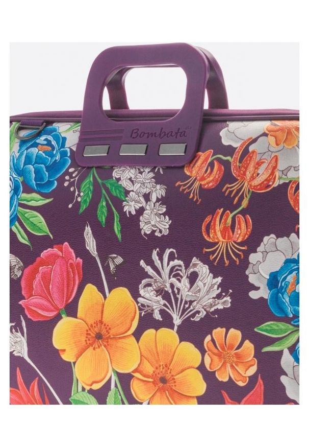 Torba Bombata Peonia 15''-16'' plum purple. Wzór: kwiaty, paski