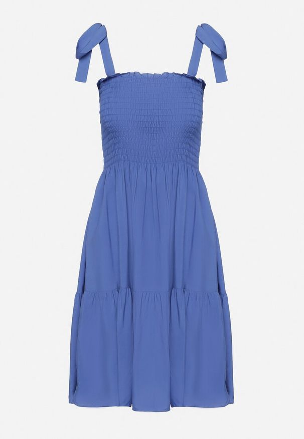 Born2be - Niebieska Rozkloszowana Sukienka z Bawełny z Gumką w Talii na Ramiączkach Gelfea. Kolor: niebieski. Materiał: bawełna. Długość rękawa: na ramiączkach. Typ sukienki: rozkloszowane. Styl: klasyczny