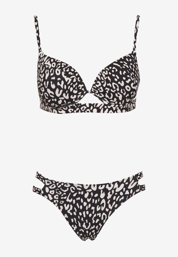 Born2be - Czarne Bikini w Panterkę Biustonosz i Majtki Figi z Wycięciami Savettea. Kolor: czarny. Wzór: motyw zwierzęcy
