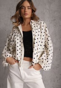 Renee - Jasnobeżowa Nietoperzowa Bluza z Wiskozą w Kropki z Kołnierzykiem Meze. Okazja: na co dzień. Kolor: beżowy. Materiał: wiskoza. Wzór: kropki. Styl: casual #1