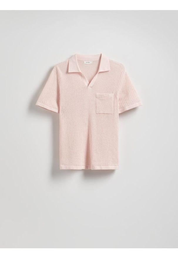 Reserved - Ażurowy sweter polo - pastelowy róż. Typ kołnierza: polo. Kolor: różowy. Materiał: bawełna, dzianina. Wzór: ażurowy