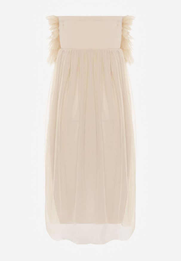 Born2be - Beżowa Tiulowa Sukienka z Falbankami Larithia. Typ kołnierza: kołnierz z falbankami. Kolor: beżowy. Materiał: tiul. Długość rękawa: bez ramiączek