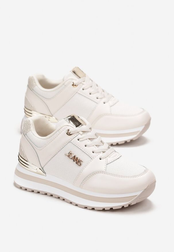 Renee - Beżowe Brokatowe Sneakersy na Ozdobnej Podeszwie przed Kostkę Jariana. Wysokość cholewki: przed kostkę. Kolor: beżowy