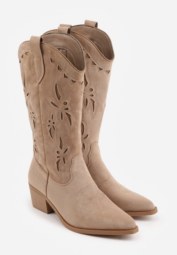 Born2be - Ciemnobeżowe Botki Kowbojki na Stożku z Imitacji Zamszu z Ażurowymi Wstawkami Crela. Okazja: na co dzień, na randkę. Kolor: beżowy. Materiał: zamsz. Wzór: ażurowy. Obcas: na stożku. Styl: casual, elegancki, boho, klasyczny. Wysokość obcasa: niski