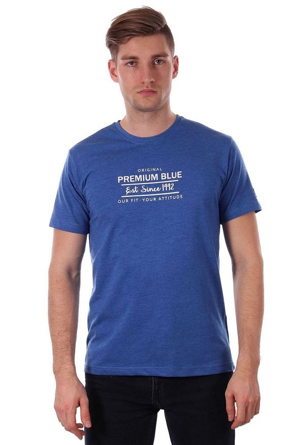 Niebieski T-shirt Męski z Nadrukiem, Krótki Rękaw, Just Yuppi, Błękitna Koszulka w Napisy, Melanż. Okazja: na co dzień. Kolor: niebieski. Materiał: bawełna. Długość rękawa: krótki rękaw. Długość: krótkie. Wzór: nadruk. Styl: casual