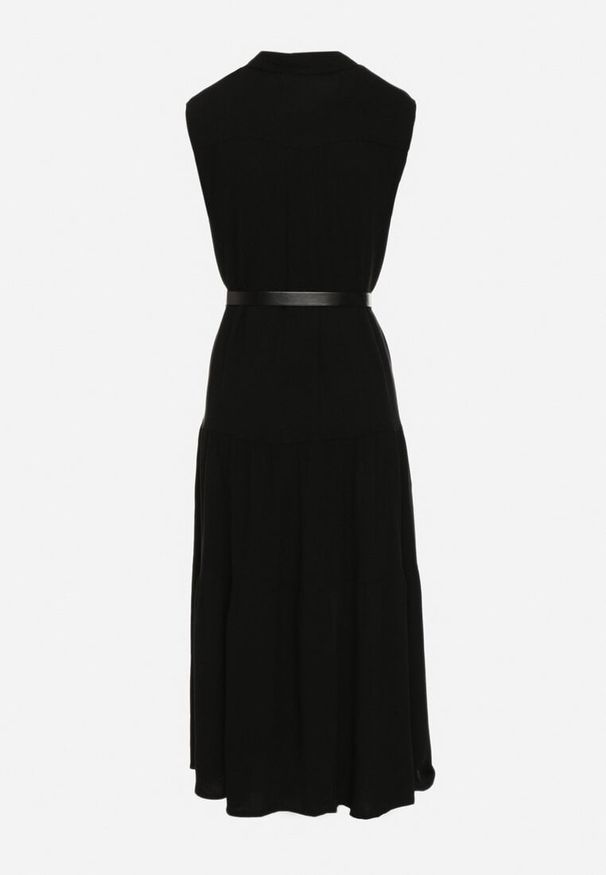 Born2be - Czarna Koszulowa Sukienka z Wiskozy z Bawełną Ozdobiona Paskiem Rivebia. Okazja: na co dzień. Kolor: czarny. Materiał: wiskoza, bawełna. Wzór: aplikacja. Typ sukienki: koszulowe. Styl: casual, elegancki