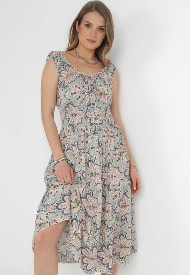 Born2be - Miętowo-Różowa Rozkloszowana Sukienka Midi na Szerokich Ramiączkach z Gumkami w Pasie Anelanie. Typ kołnierza: kołnierz z falbankami. Kolor: miętowy. Długość rękawa: na ramiączkach. Wzór: aplikacja, kwiaty. Długość: midi