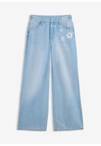 bonprix - Dżinsy z szerokimi nogawkami. Okazja: na co dzień. Kolor: niebieski. Długość: długie. Wzór: haft, kwiaty. Styl: casual #1