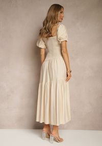 Renee - Beżowa Sukienka Wiskozowa Drapowana z Rozkloszowanym Dołem Naprine. Okazja: na co dzień. Kolor: beżowy. Materiał: wiskoza. Typ sukienki: rozkloszowane. Styl: elegancki, casual