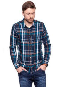 Wrangler - KOSZULA WRANGLER LS 1PKT SHIRT NAVY W5953T835. Kolor: wielokolorowy. Wzór: kratka