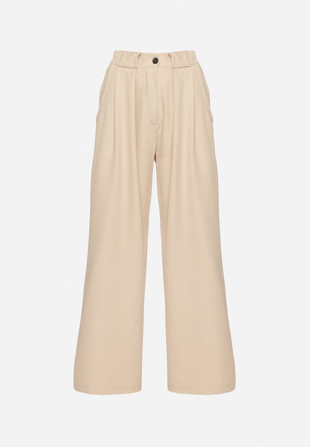 Born2be - Beżowe Spodnie Garniturowe o Szerokim Kroju z Zakładkami i Wysokim Stanem Ulianeria. Okazja: na co dzień, do pracy, na spotkanie biznesowe. Stan: podwyższony. Kolor: beżowy. Styl: klasyczny, casual, biznesowy