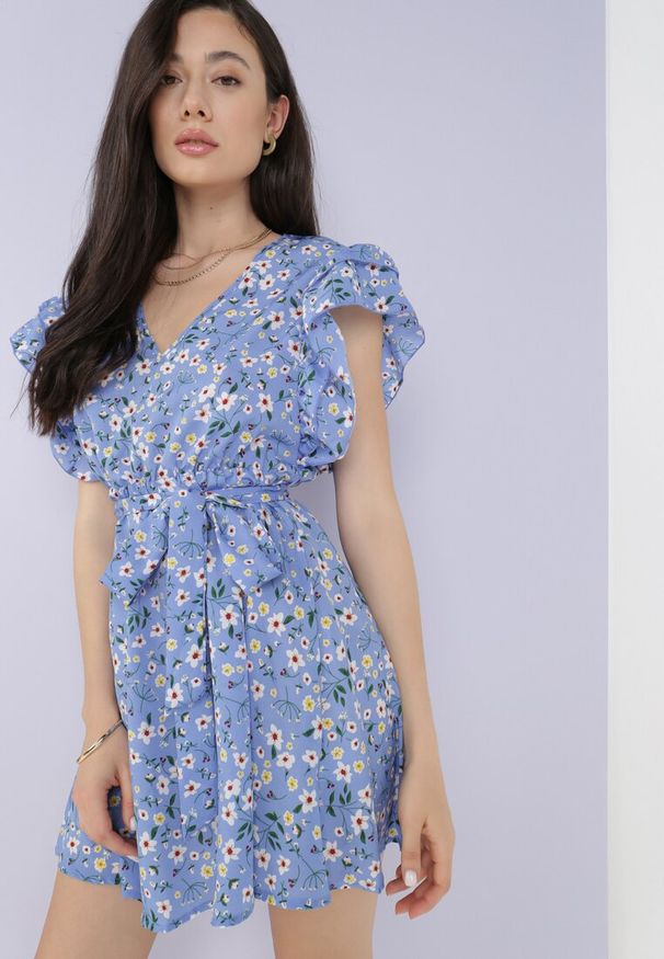 Born2be - Niebieska Sukienka Dioete. Kolor: niebieski. Materiał: materiał. Wzór: kwiaty