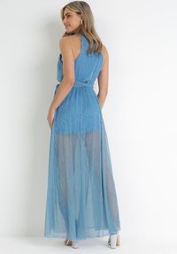 Born2be - Niebieska Koktajlowa Sukienka z Gumką w Talii z Metaliczną Nicią Lilyan. Kolor: niebieski. Wzór: aplikacja. Styl: wizytowy. Długość: maxi #3