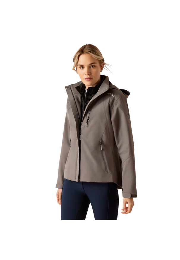 Kurtka przeciwdeszczowa do jazdy konnej z kapturem dla kobiet Ariat Coastal. Typ kołnierza: kaptur. Kolor: szary. Sport: jeździectwo