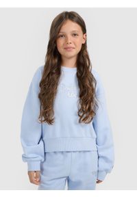 4f - 4F Bluza dresowa nierozpinana bez kaptura dziewczęca - niebieska 134 (8-9 lat). Okazja: na uczelnię, na co dzień. Typ kołnierza: bez kaptura. Kolor: niebieski. Materiał: dresówka. Sezon: lato. Styl: casual #1