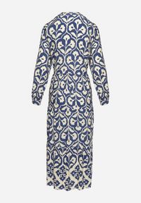 Born2be - Beżowo-Granatowa Sukienka w Ornamentalny Wzór o Koszulowym Fasonie Venleia. Kolor: niebieski. Wzór: aplikacja, kwiaty. Typ sukienki: koszulowe