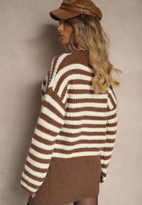 Renee - Biało-Brązowy Casualowy Sweter z Bawełną Ozdobiony Paskami Zinaja. Okazja: na co dzień. Kolor: biały. Materiał: bawełna. Wzór: aplikacja. Styl: casual #4