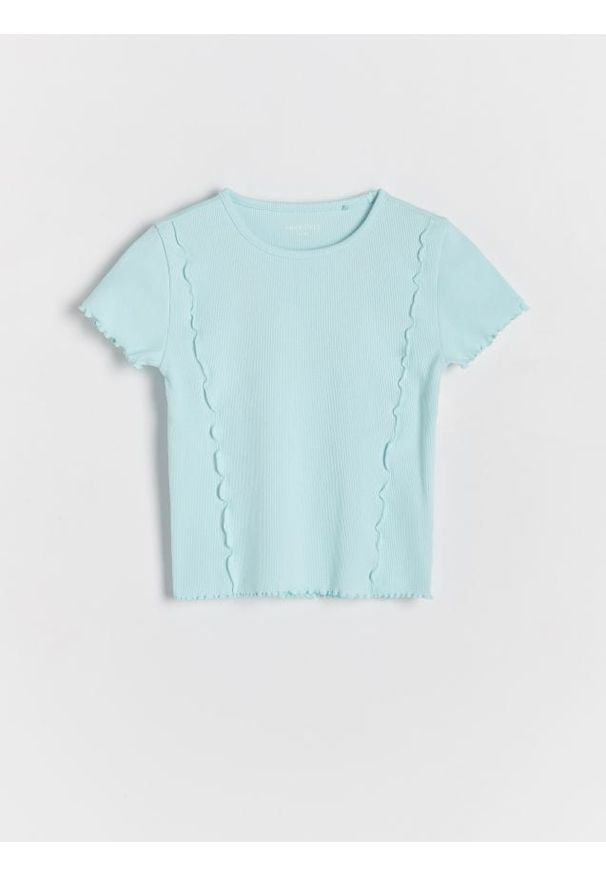 Reserved - Prążkowany t-shirt - jasnoturkusowy. Kolor: turkusowy. Materiał: prążkowany. Długość: krótkie