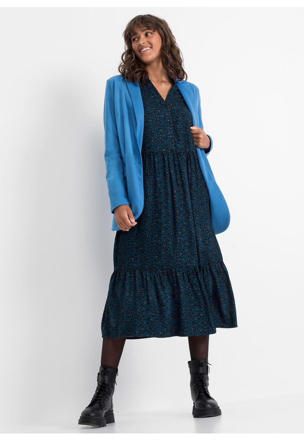 bonprix - Sukienka midi z wiskozy. Kolor: niebieski. Materiał: wiskoza. Wzór: motyw zwierzęcy. Typ sukienki: szmizjerki, koszulowe. Długość: midi, maxi