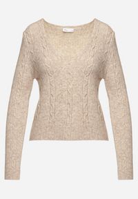 Born2be - Beżowy Sweter z Dekoltem V i Klasycznym Tłoczeniem Mattira. Okazja: na co dzień. Typ kołnierza: dekolt w serek. Kolor: beżowy. Materiał: jeans. Długość rękawa: długi rękaw. Długość: długie. Styl: klasyczny #3