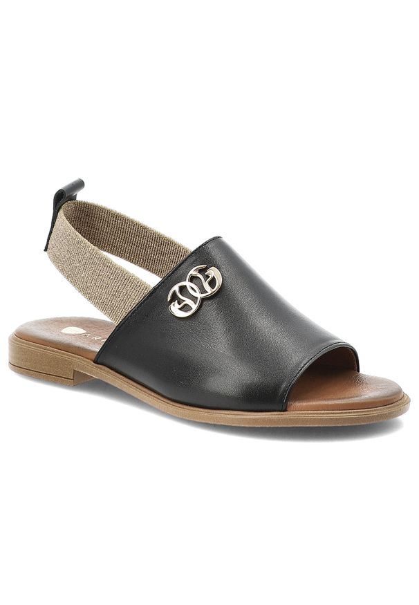 Sandały damskie Armodo, cholewka ze skóry naturalnej wsuwany fason elastyczna gumka z tyłu odkryte palce, czarne, 40473. Okazja: na co dzień. Zapięcie: pasek. Kolor: czarny. Wzór: aplikacja. Materiał: skóra. Sezon: lato. Obcas: na obcasie. Styl: casual, elegancki, klasyczny. Wysokość obcasa: niski