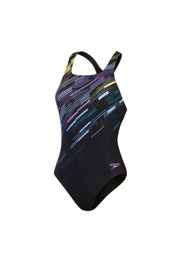 Damski kostium kąpielowy 1-częściowy Speedo Eco+m Dig Print Medalist. Kolor: czarny, fioletowy, wielokolorowy. Wzór: nadruk