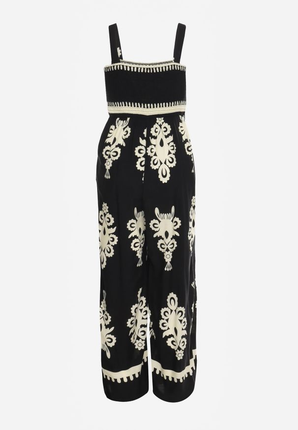 Renee - Czarno-Beżowy Wiskozowy Kombinezon z Marszczonym Dekoltem na Ramiączkach z Długimi Nogawkami Amperia. Okazja: na co dzień. Kolor: czarny. Materiał: wiskoza. Długość rękawa: na ramiączkach. Długość: długie. Sezon: lato. Styl: boho, elegancki, casual, wizytowy