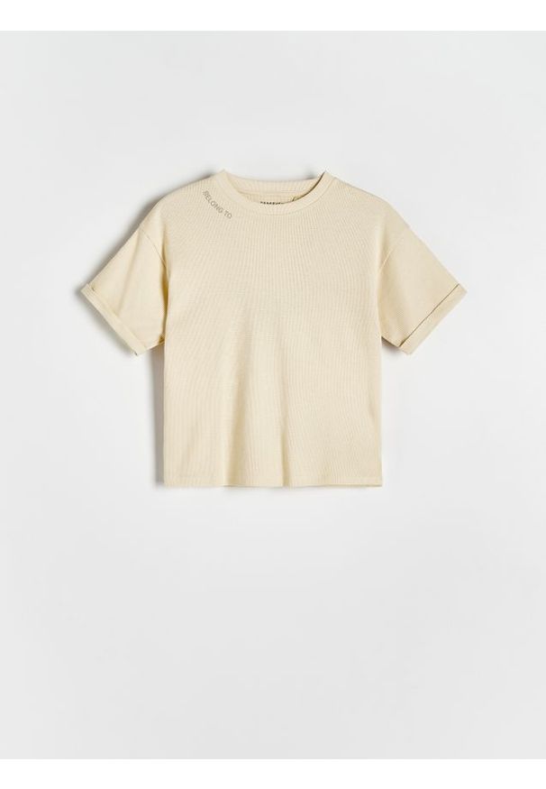 Reserved - T-shirt oversize z nadrukiem - jasnożółty. Kolor: żółty. Materiał: bawełna, dzianina. Wzór: nadruk