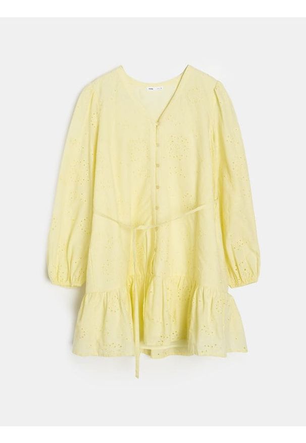 Sinsay - Bawełniana sukienka mini z ażurowym wzorem - żółty. Kolor: żółty. Materiał: bawełna. Wzór: ażurowy. Długość: mini
