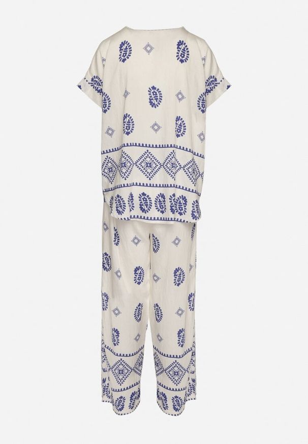 Born2be - Niebiesko-Biały Bawełniany Komplet Koszula i Szerokie Spodnie w Stylu Boho Ollirive. Kolor: niebieski. Materiał: bawełna. Wzór: aplikacja