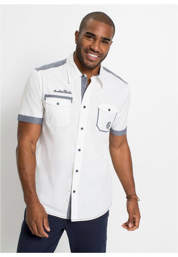 bonprix - Koszula z krótkim rękawem, z czystej bawełny. Kolor: biały. Materiał: bawełna. Długość rękawa: krótki rękaw. Długość: krótkie. Wzór: haft. Styl: sportowy
