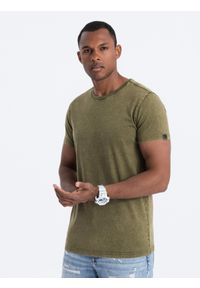 Ombre Clothing - T-shirt męski z efektem ACID WASH - oliwkowy V4 S1638 - XL. Kolor: oliwkowy. Materiał: bawełna, dzianina