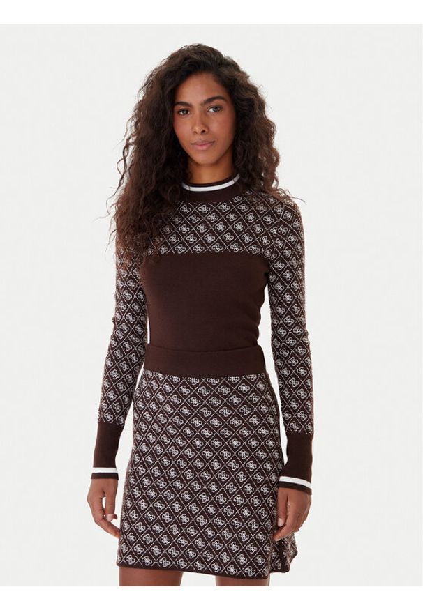 Guess Sweter W5BR24 Z3JD2 Brązowy Slim Fit. Kolor: brązowy. Materiał: syntetyk