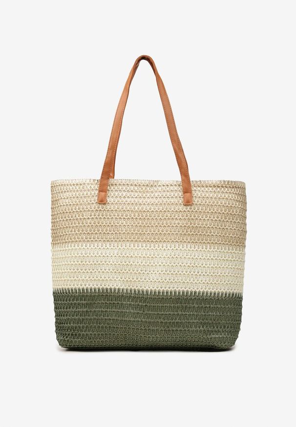 Renee - Beżowo-Zielona Jednokomorowa Torebka Tote Ozdobiona Plecionką Elwing. Kolor: zielony. Wzór: aplikacja. Styl: elegancki, casual, biznesowy