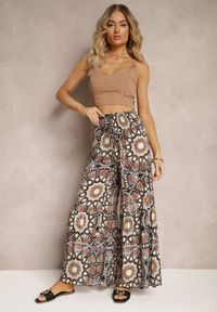 Renee - Brązowe Spodnie Typu Palazzo z Wiskozy High Waist z Gumką w Pasie Bistalia. Okazja: na co dzień. Stan: podwyższony. Kolor: brązowy. Materiał: wiskoza. Długość: długie. Styl: casual, wizytowy #4