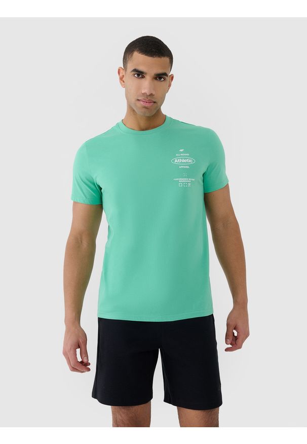 4f - 4F T-shirt regular z nadrukiem męski - zielony 3XL. Okazja: na co dzień. Kolor: zielony. Materiał: dzianina, bawełna, jersey. Długość rękawa: krótki rękaw. Długość: krótkie. Wzór: nadruk. Styl: klasyczny, sportowy, casual
