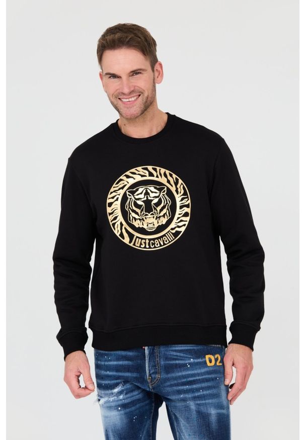 Just Cavalli - JUST CAVALLI Czarna męska bluza T-round Gold, Rozmiar S. Kolor: czarny. Wzór: nadruk