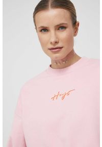 Hugo - HUGO bluza bawełniana damska kolor różowy z nadrukiem. Kolor: różowy. Materiał: bawełna. Wzór: nadruk #3