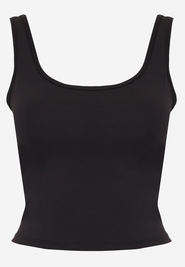 Renee - Czarny Top Sportowy z Dekoltem i Skrzyżowanymi Paskami na Plecach Helynore. Kolor: czarny. Długość rękawa: na ramiączkach. Wzór: paski. Styl: sportowy