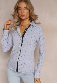Renee - Niebieska Koszula z Długim Rękawem Zapinana na Guzki w Drobny Print Tardena. Kolor: niebieski. Materiał: bawełna, elastan. Długość rękawa: długi rękaw. Długość: długie. Wzór: nadruk #5