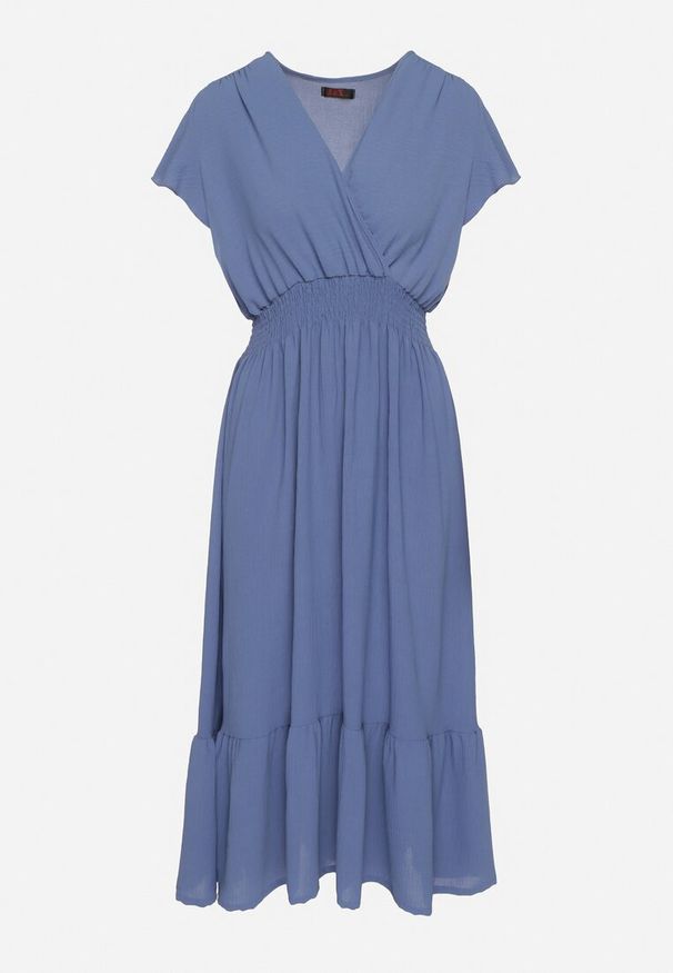 Born2be - Niebieska Sukienka o Rozkloszowanym Kroju z Kopertowym Dekoltem i Gumką w Talii Reiliana. Okazja: na imprezę, na co dzień. Typ kołnierza: dekolt kopertowy. Kolor: niebieski. Typ sukienki: kopertowe. Styl: elegancki, casual