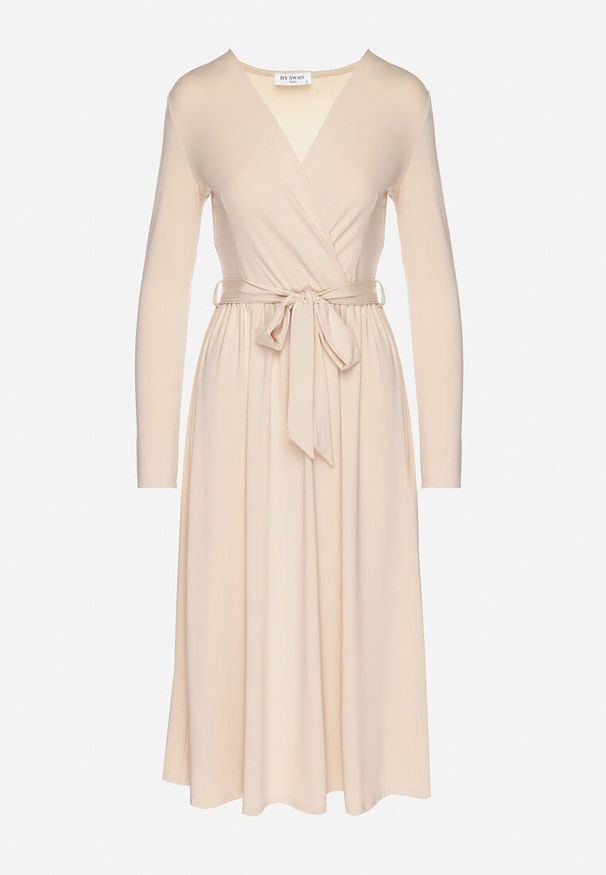 Born2be - Jasnobeżowa Sukienka Kopertowa z Wiskozą Wiązana w Talii Drestalia. Okazja: na co dzień. Typ kołnierza: dekolt w kształcie V. Kolor: beżowy. Materiał: wiskoza. Długość rękawa: długi rękaw. Typ sukienki: kopertowe. Styl: casual, klasyczny