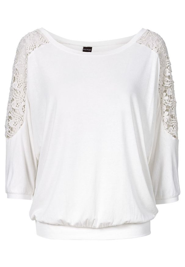 Shirt oversize z koronką bonprix biel wełny. Kolor: biały. Materiał: wełna, koronka. Wzór: koronka