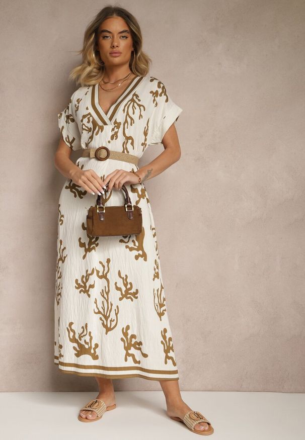Renee - Brązowo-Beżowa Pudełkowa Sukienka z Wiskozą i Lnem Sadeone. Okazja: na co dzień. Kolor: brązowy. Materiał: len, wiskoza. Styl: elegancki, casual