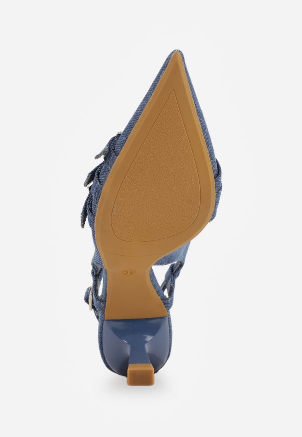 Born2be - Granatowe Czółenka ze Szpiczastym Noskiem na Obcasie Typu Kaczuszka Ozdobione Klamrami Asinelle. Okazja: na spotkanie biznesowe. Nosek buta: szpiczasty. Zapięcie: klamry. Kolor: niebieski. Wzór: aplikacja. Obcas: na obcasie. Styl: biznesowy, elegancki. Wysokość obcasa: średni